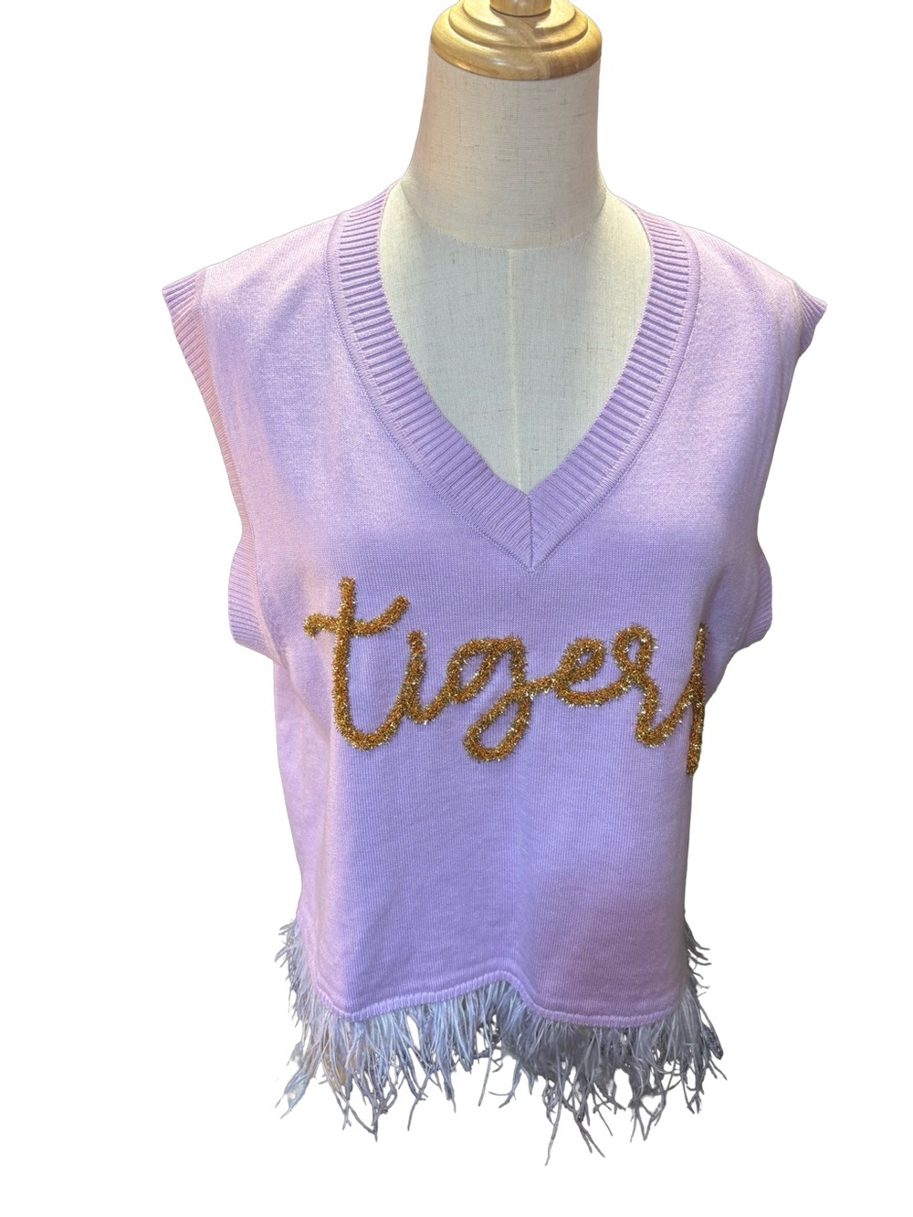 QUEEN OF SPARKLES Lavender V-Neck feather fringe  Sweater Vest TIGER bling